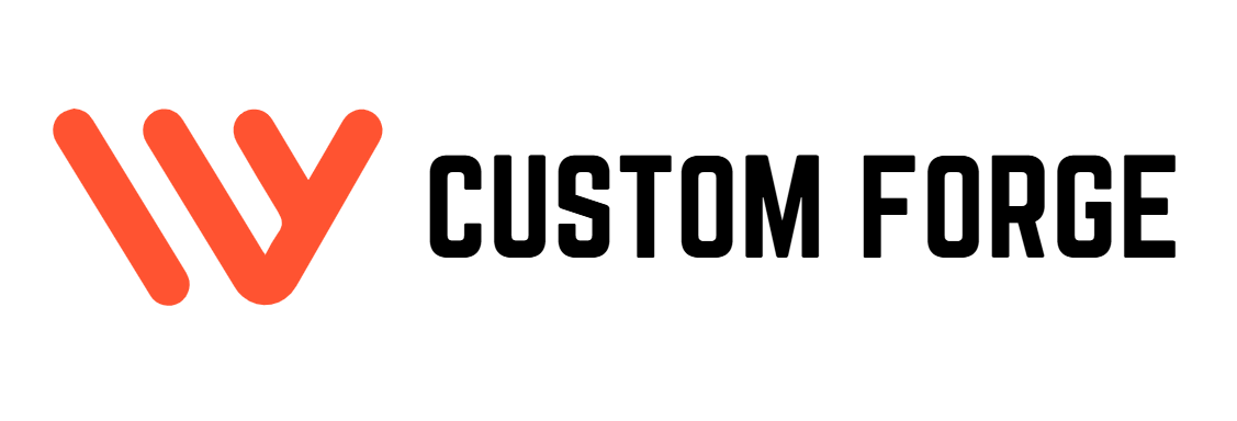 A logo featuring the text "CUSTOM FORGE" with an abstract "W" symbol.